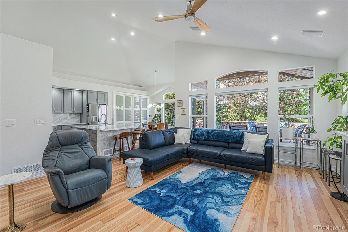 Interior, Kitchen, Living room, Pendant Lights, Recessed Lighting, Stainless Steel Appliances, Wood Texture Flooring
