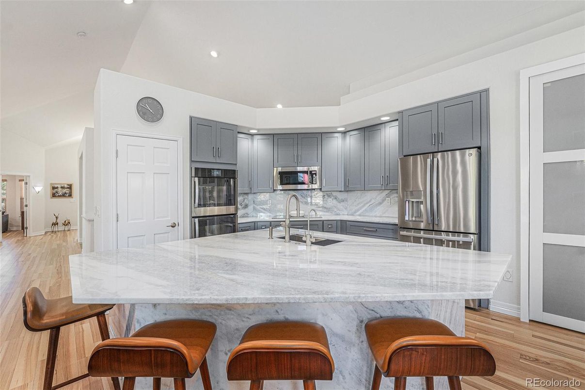 Interior, Kitchen, Recessed Lighting, Stainless Steel Appliances, Wood Texture Flooring