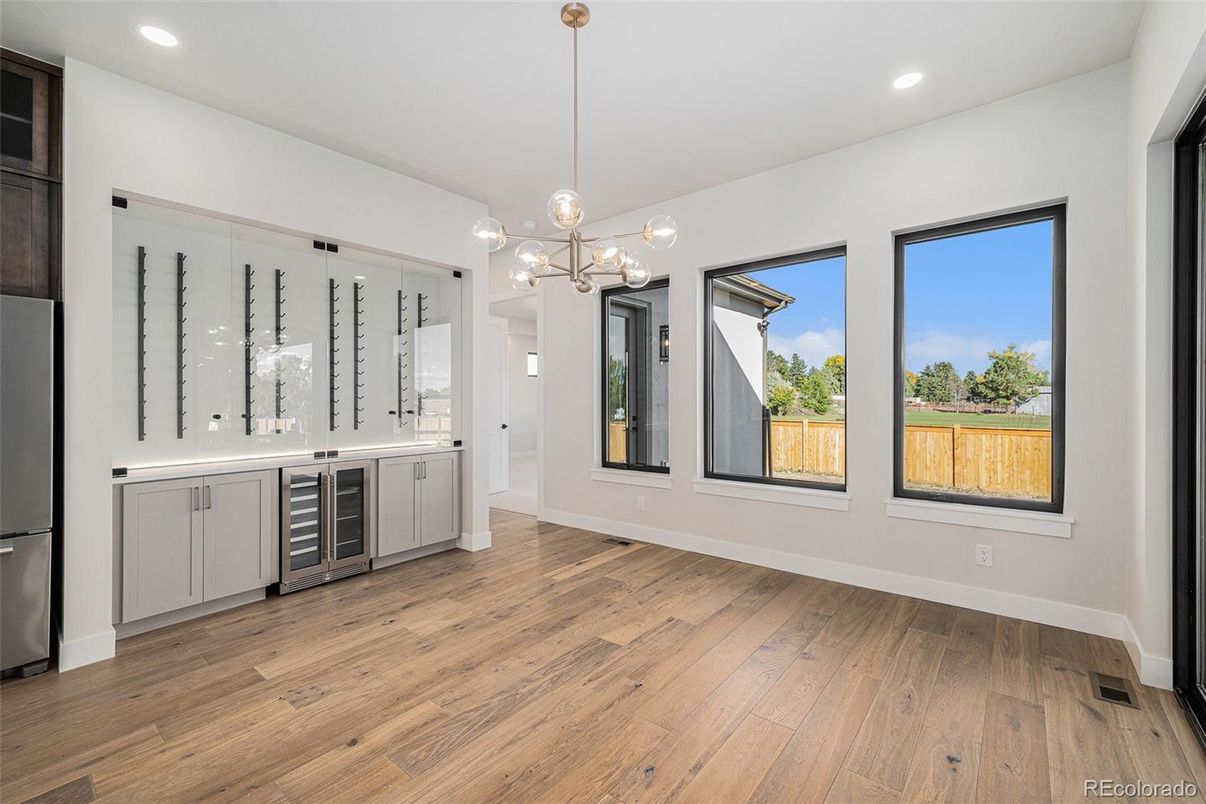 Empty room, Interior, Pendant Lights, Recessed Lighting, Wine Storage, Wood Texture Flooring