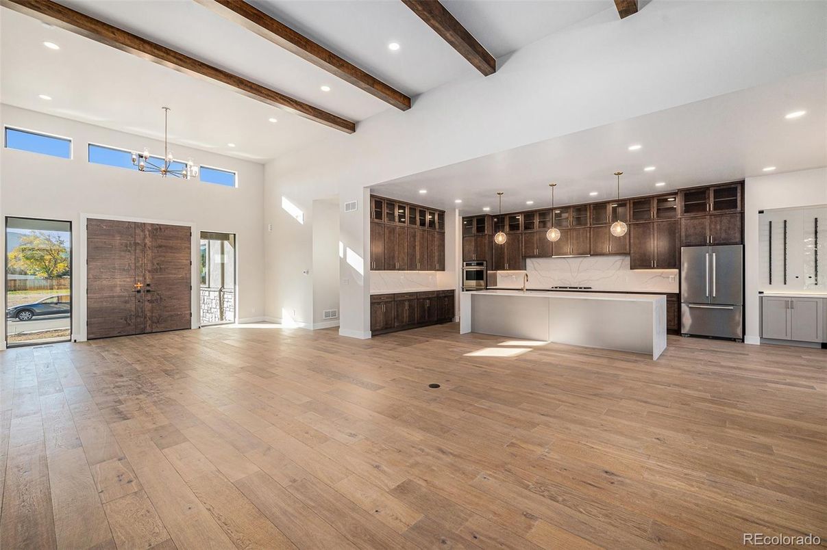 Interior, Kitchen, Pendant Lights, Recessed Lighting, Stainless Steel Appliances, Wooden Beams, Wood Texture Flooring