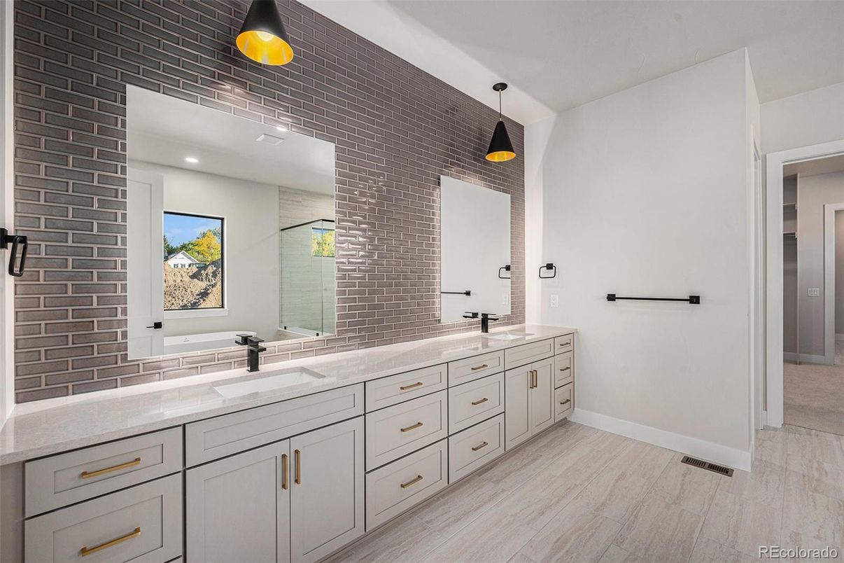 Bathroom, Dual Sink Vanities, Interior, Pendant Lights, Recessed Lighting, Wood Texture Flooring