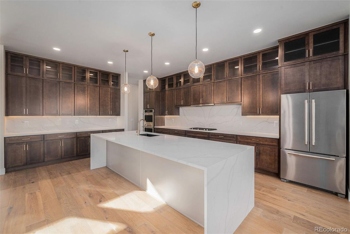 Interior, Kitchen, Pendant Lights, Recessed Lighting, Stainless Steel Appliances, Wood Texture Flooring