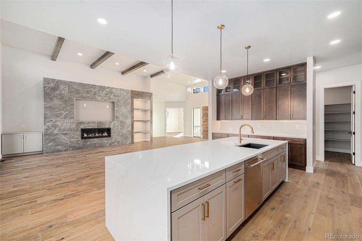 Fireplace, Interior, Kitchen, Pendant Lights, Recessed Lighting, Wooden Beams, Wood Texture Flooring