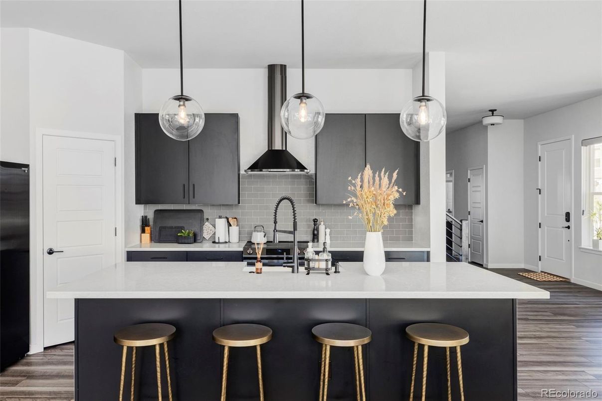 Interior, Kitchen, Pendant Lights, Stainless Steel Appliances, Wood Texture Flooring