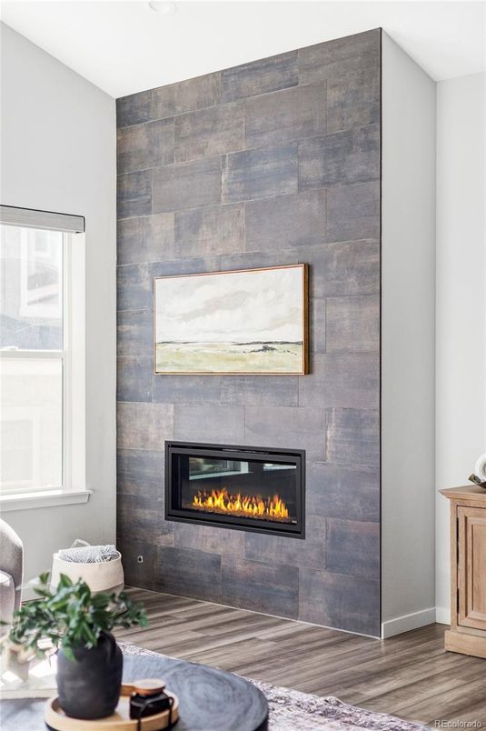 Fireplace, Interior, Living room, Stone Walls, Wood Texture Flooring