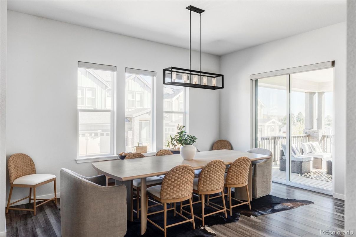 Dining room, Interior, Pendant Lights, Wood Texture Flooring