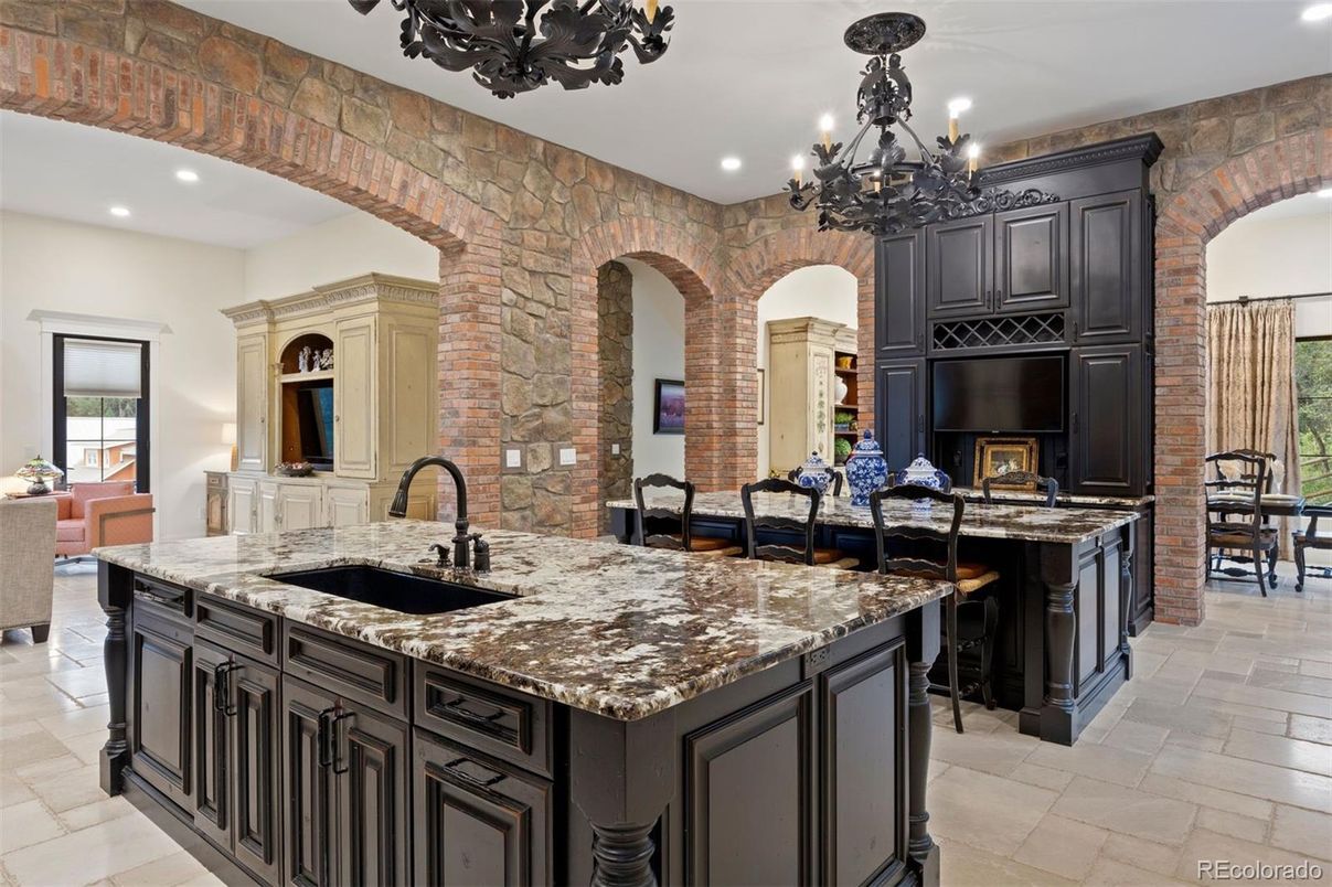 Chandelier, Fireplace, Interior, Kitchen, Recessed Lighting, Stone Walls
