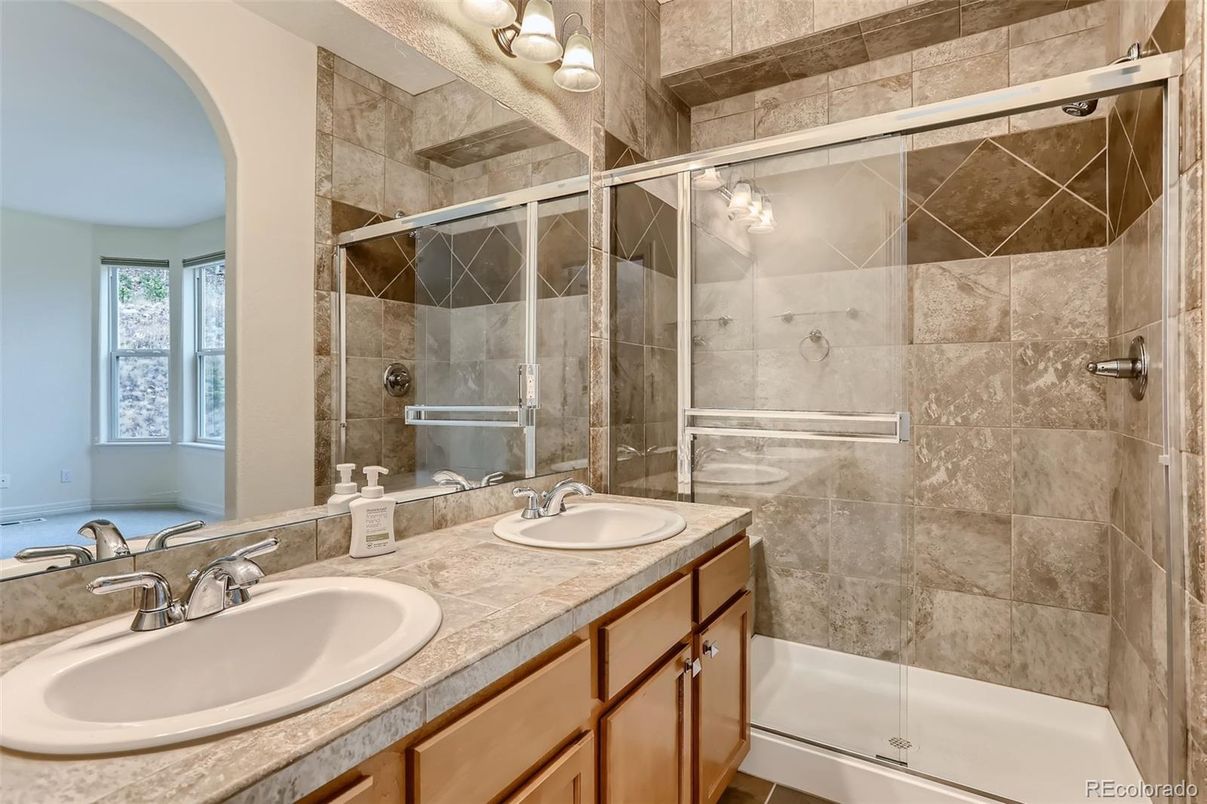 Bathroom, Dual Sink Vanities, Glass Shower, Interior, Tile Countertops