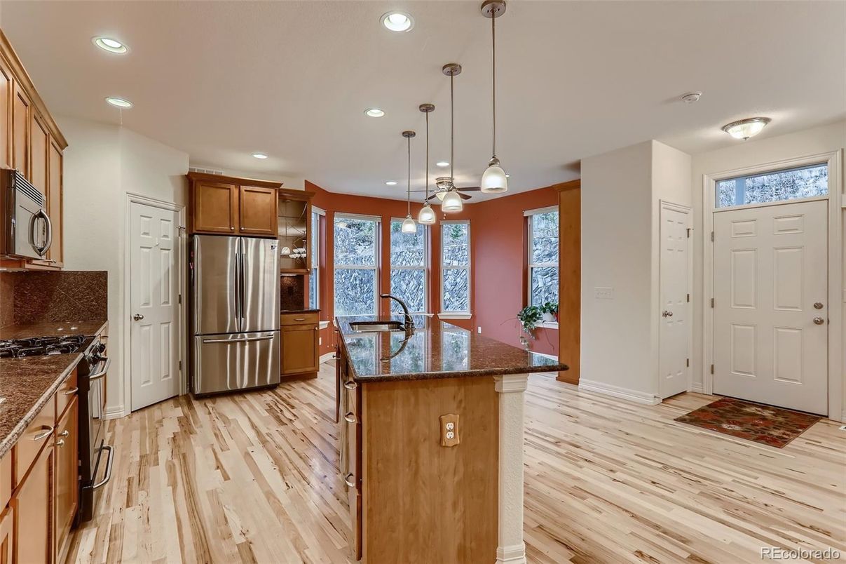 Interior, Kitchen, Pendant Lights, Recessed Lighting, Stainless Steel Appliances, Wood Texture Flooring
