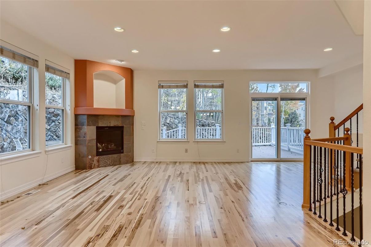 Empty room, Fireplace, Interior, Recessed Lighting, Wood Texture Flooring