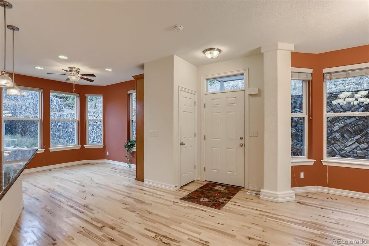Empty room, Interior, Pendant Lights, Recessed Lighting, Wood Texture Flooring