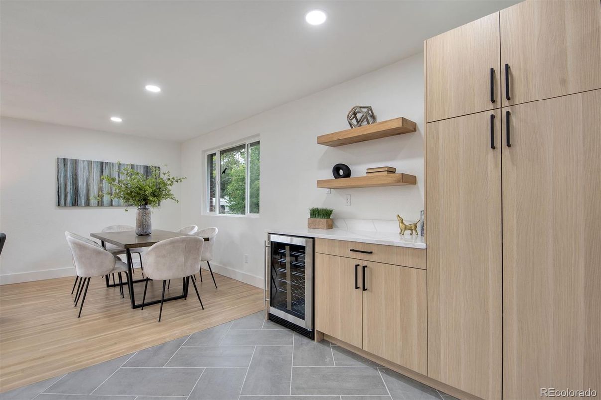 Dining room, Interior, Recessed Lighting, Wood Texture Flooring