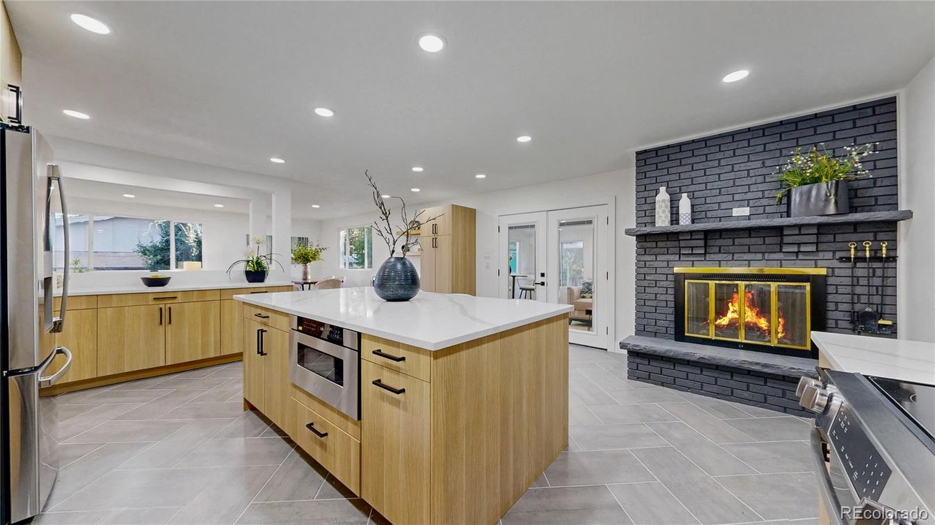 Fireplace, Interior, Kitchen, Recessed Lighting, Stainless Steel Appliances