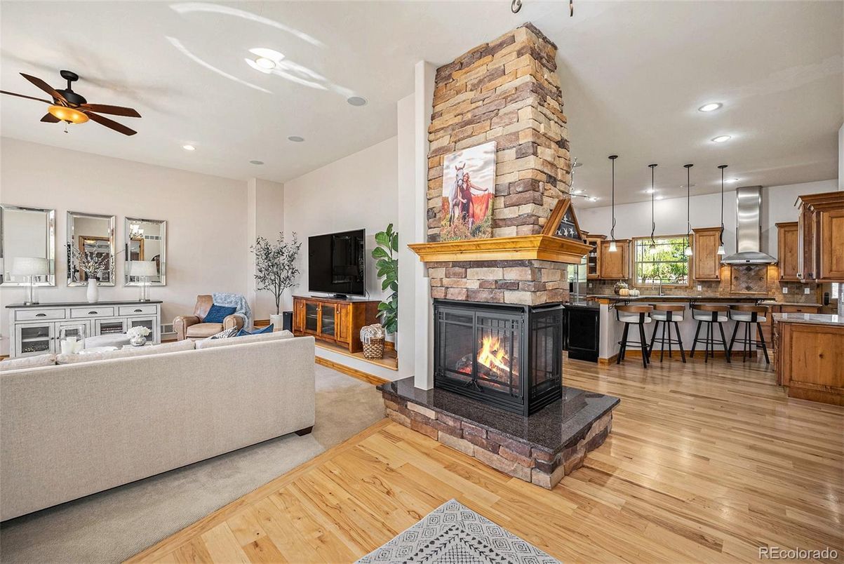 Fireplace, Interior, Kitchen, Living room, Pendant Lights, Recessed Lighting, Wood Texture Flooring