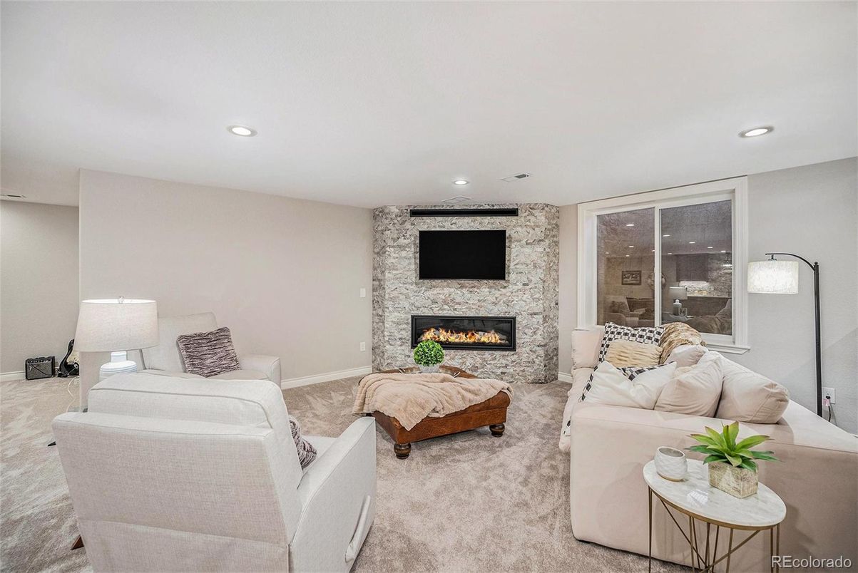 Fireplace, Interior, Living room, Recessed Lighting, Stone Walls
