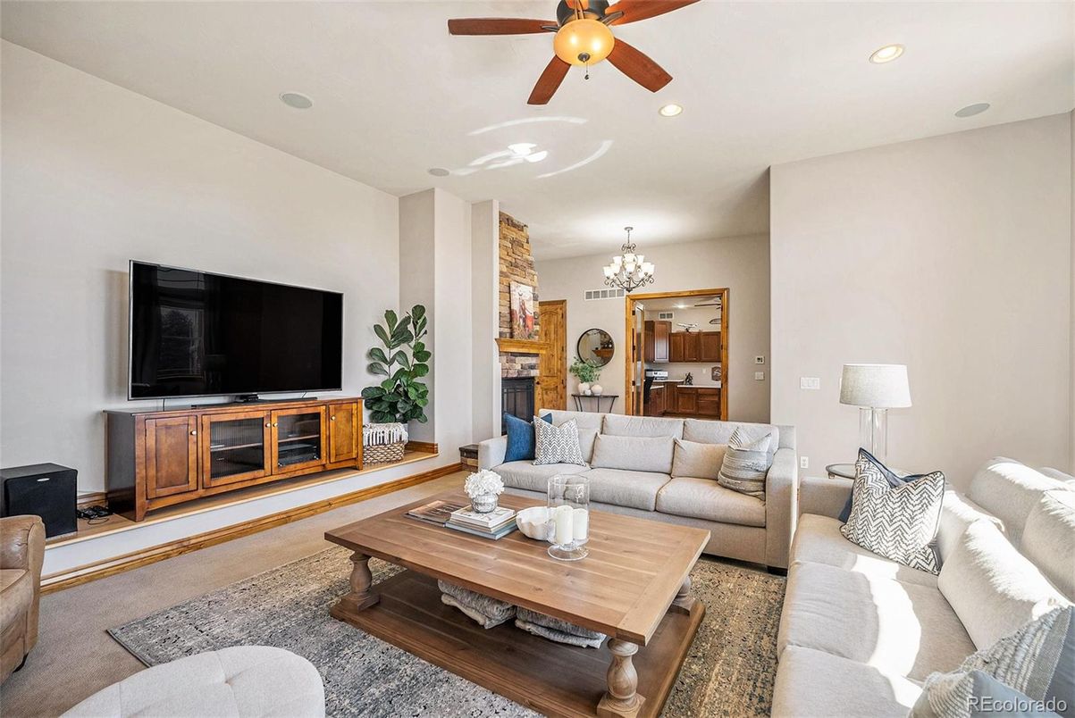 Chandelier, Dining room, Fireplace, Interior, Living room, Recessed Lighting