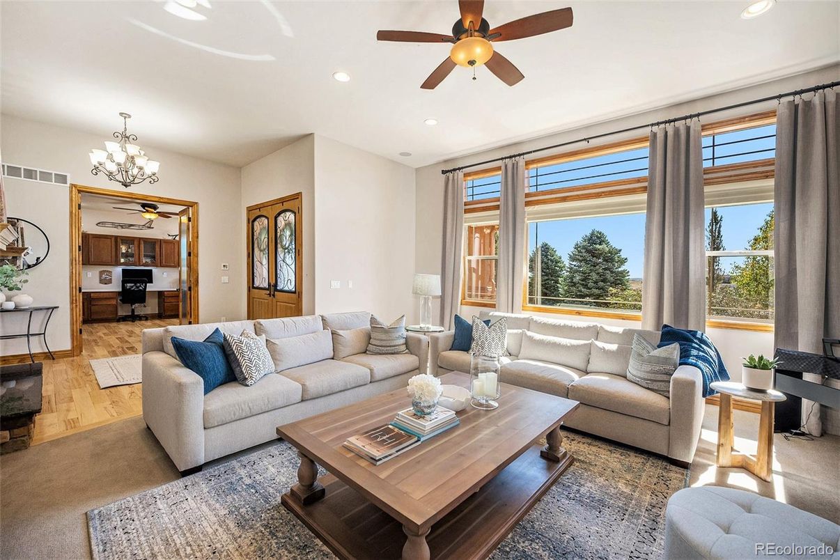 Chandelier, Interior, Living room, Recessed Lighting, Wood Texture Flooring