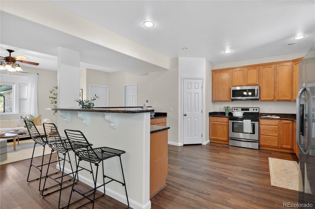 Interior, Kitchen, Recessed Lighting, Stainless Steel Appliances, Wood Texture Flooring