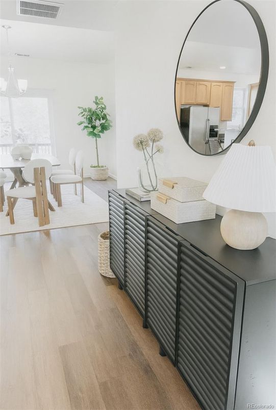 Dining room, Interior, Kitchen, Stainless Steel Appliances, Wood Texture Flooring