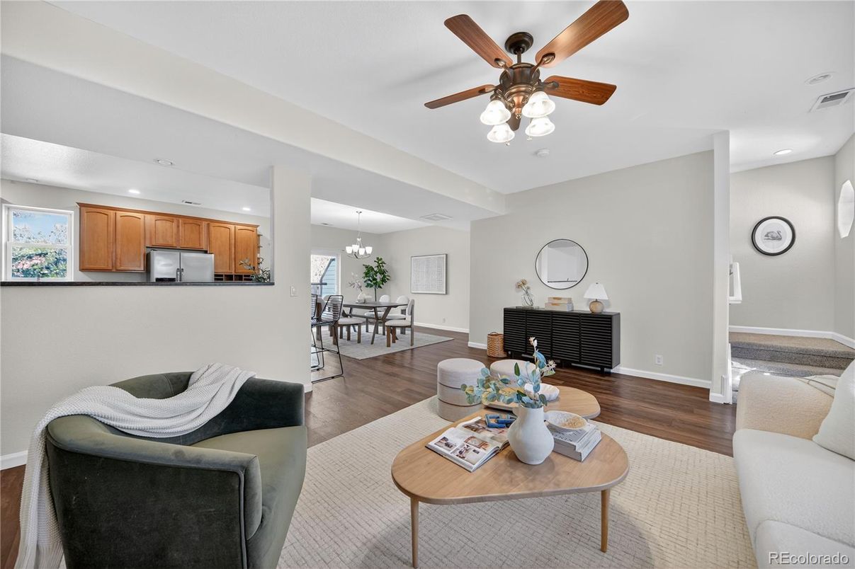 Chandelier, Dining room, Interior, Kitchen, Living room, Recessed Lighting, Wood Texture Flooring