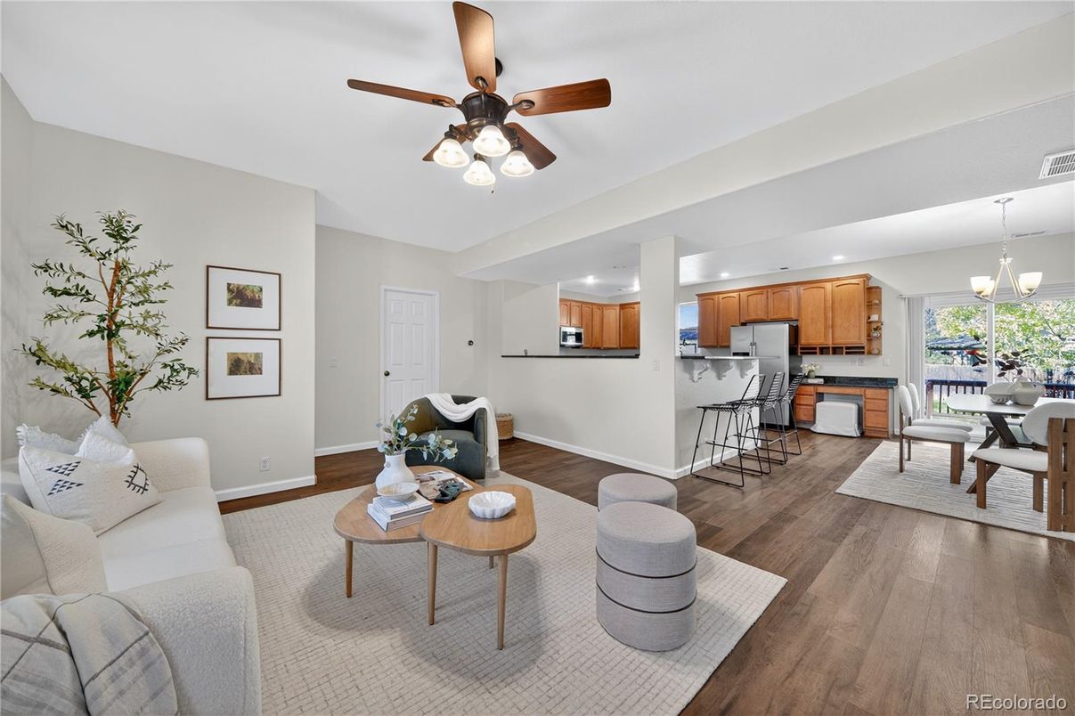 Dining room, Interior, Kitchen, Living room, Pendant Lights, Recessed Lighting, Wood Texture Flooring