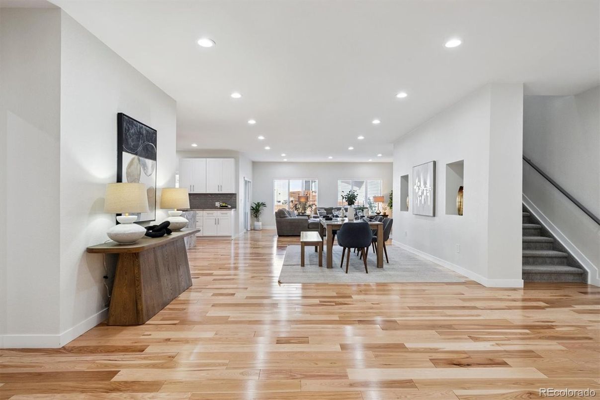 Dining room, Interior, Recessed Lighting, Wood Texture Flooring