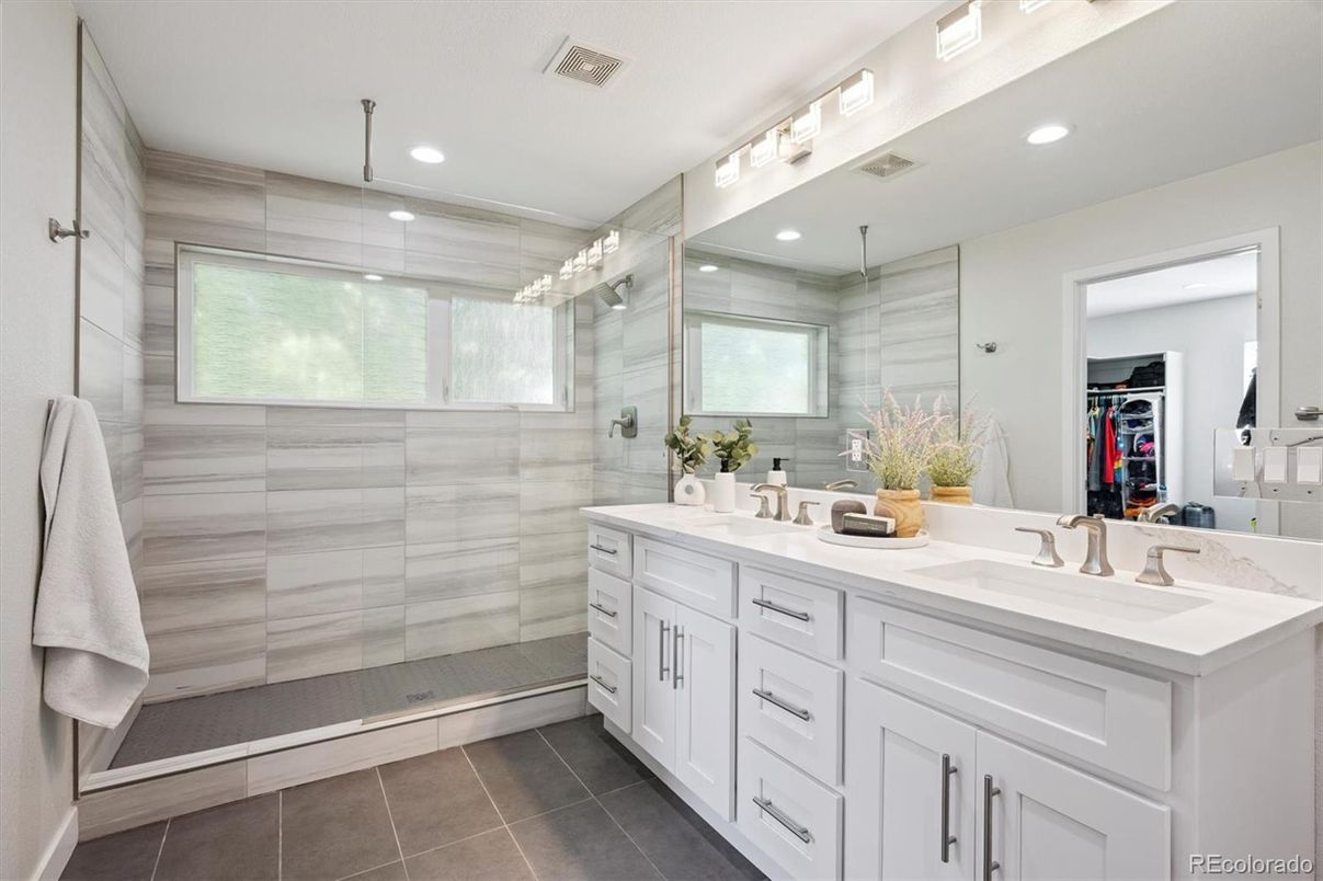 Bathroom, Dual Sink Vanities, Glass Shower, Interior, Recessed Lighting