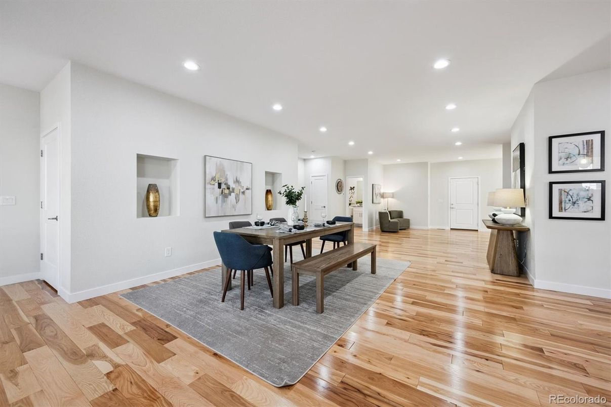 Dining room, Interior, Recessed Lighting, Wood Texture Flooring