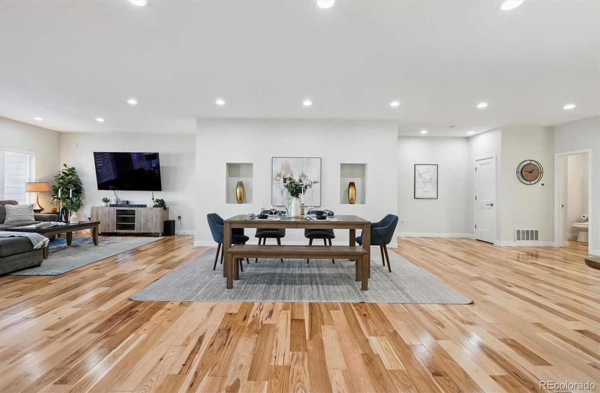 Dining room, Interior, Living room, Recessed Lighting, Wood Texture Flooring