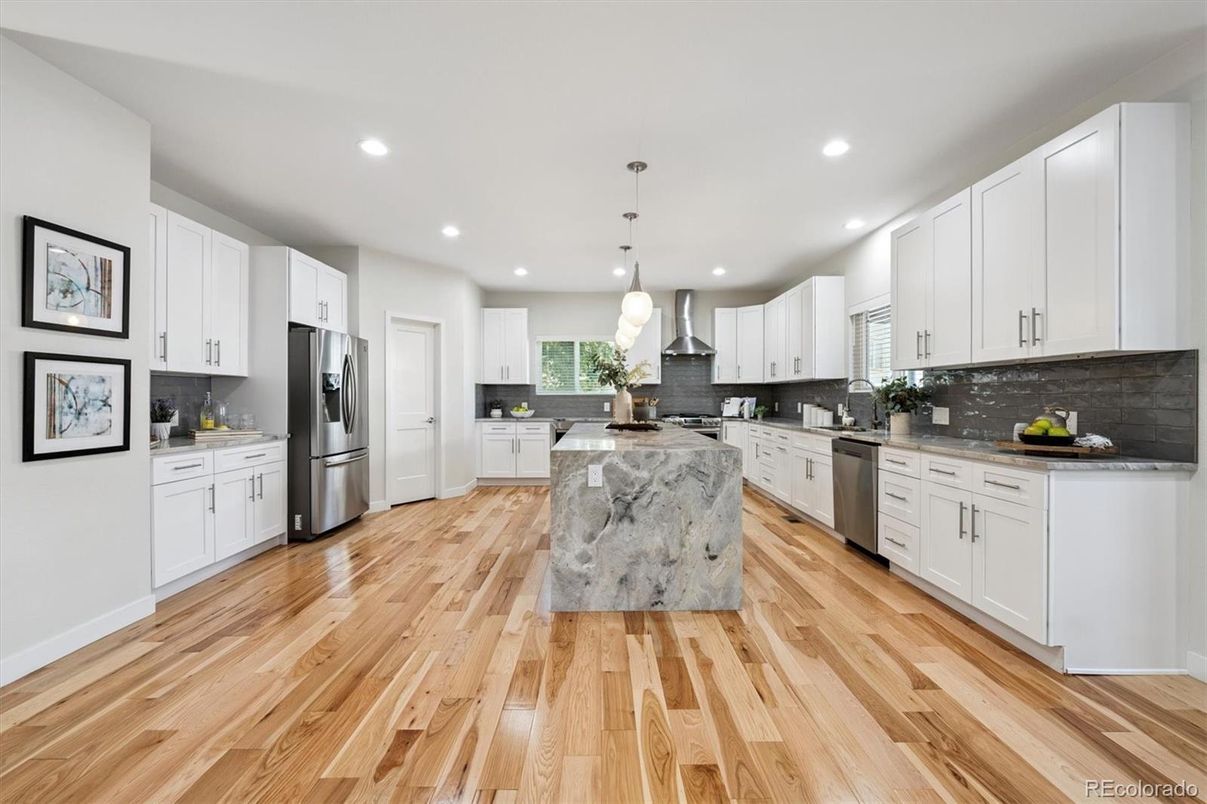 Interior, Kitchen, Pendant Lights, Recessed Lighting, Stainless Steel Appliances, Wood Texture Flooring