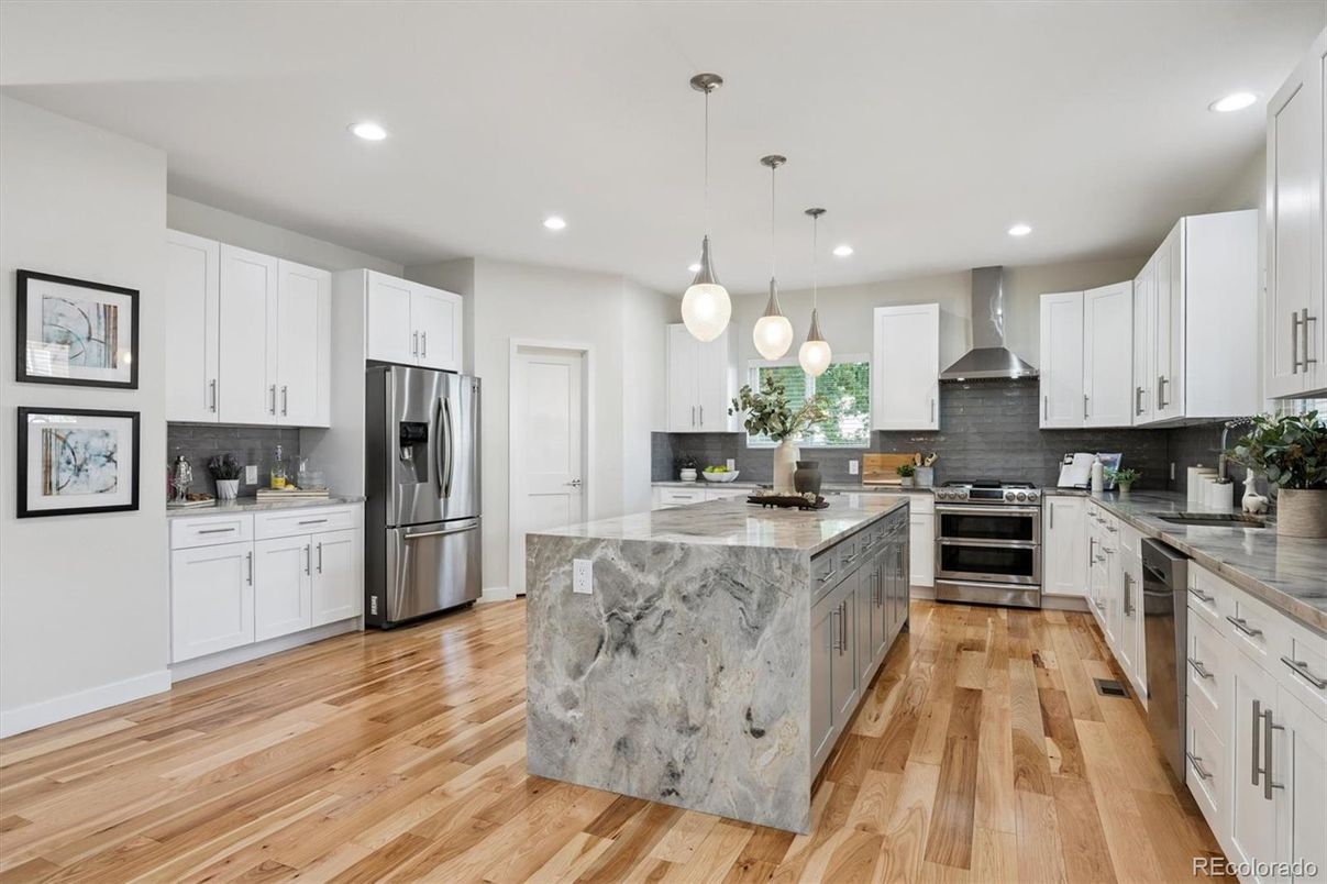 Interior, Kitchen, Pendant Lights, Recessed Lighting, Stainless Steel Appliances, Wood Texture Flooring