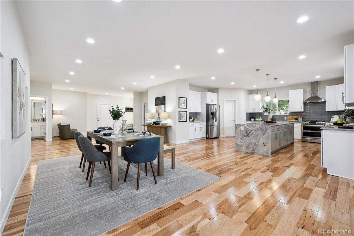 Dining room, Interior, Kitchen, Pendant Lights, Recessed Lighting, Stainless Steel Appliances, Wood Texture Flooring