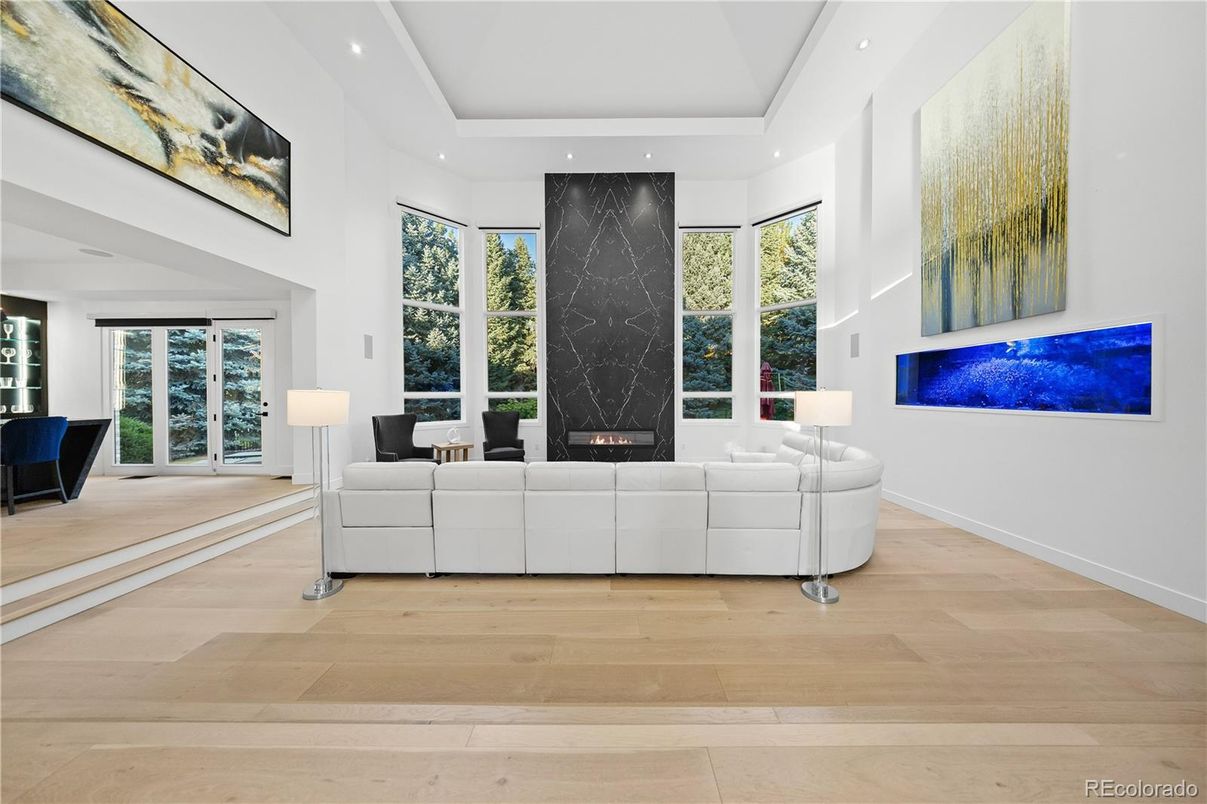 Fireplace, Interior, Living room, Recessed Lighting, Wood Texture Flooring