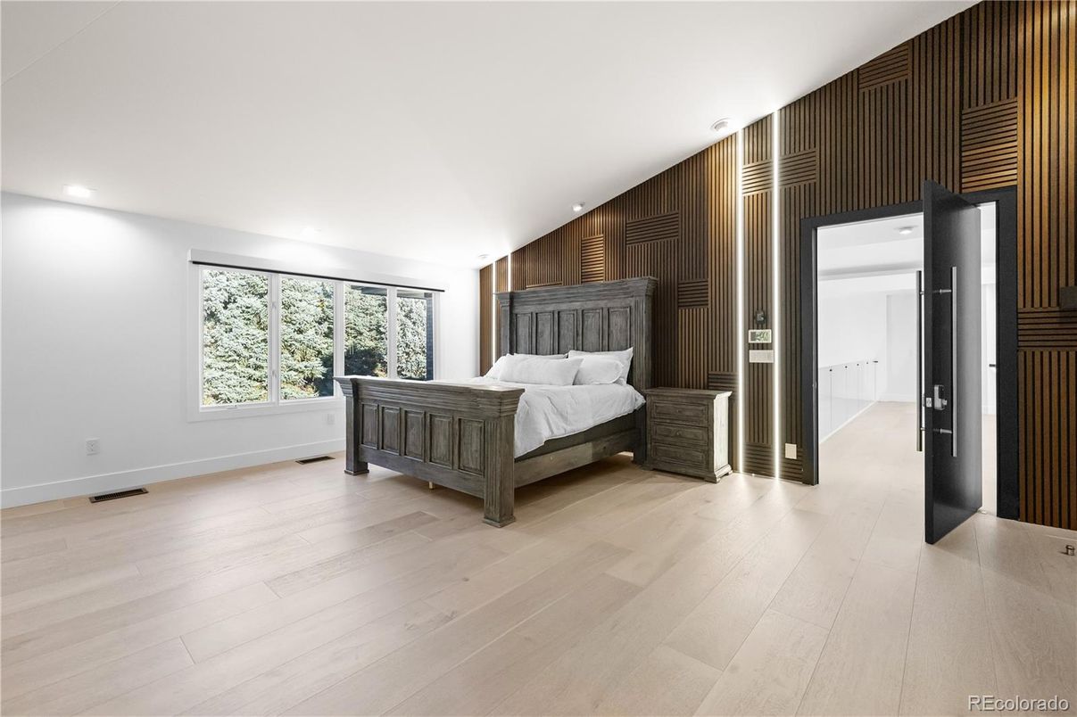 Bedroom, Interior, Recessed Lighting, Wood Texture Flooring, Wooden Walls