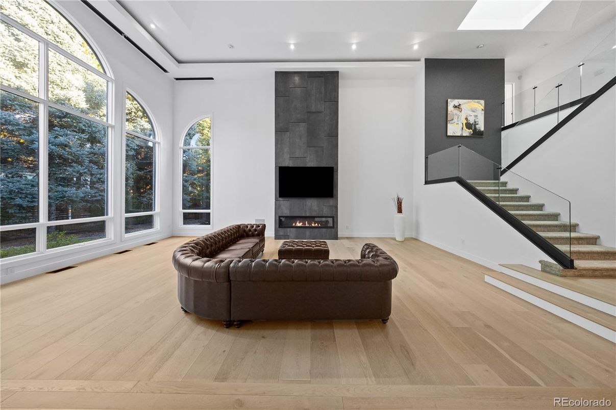 Fireplace, Interior, Recessed Lighting, Wood Texture Flooring