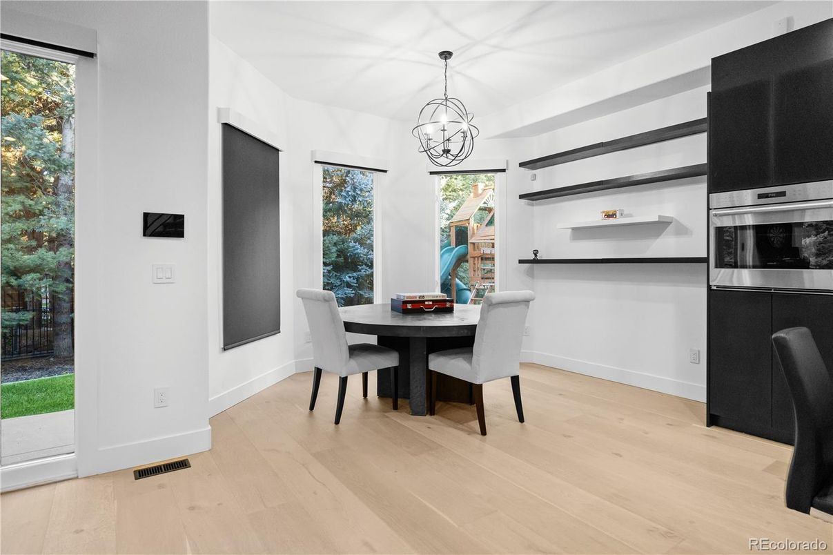 Chandelier, Dining room, Interior, Pendant Lights, Wood Texture Flooring