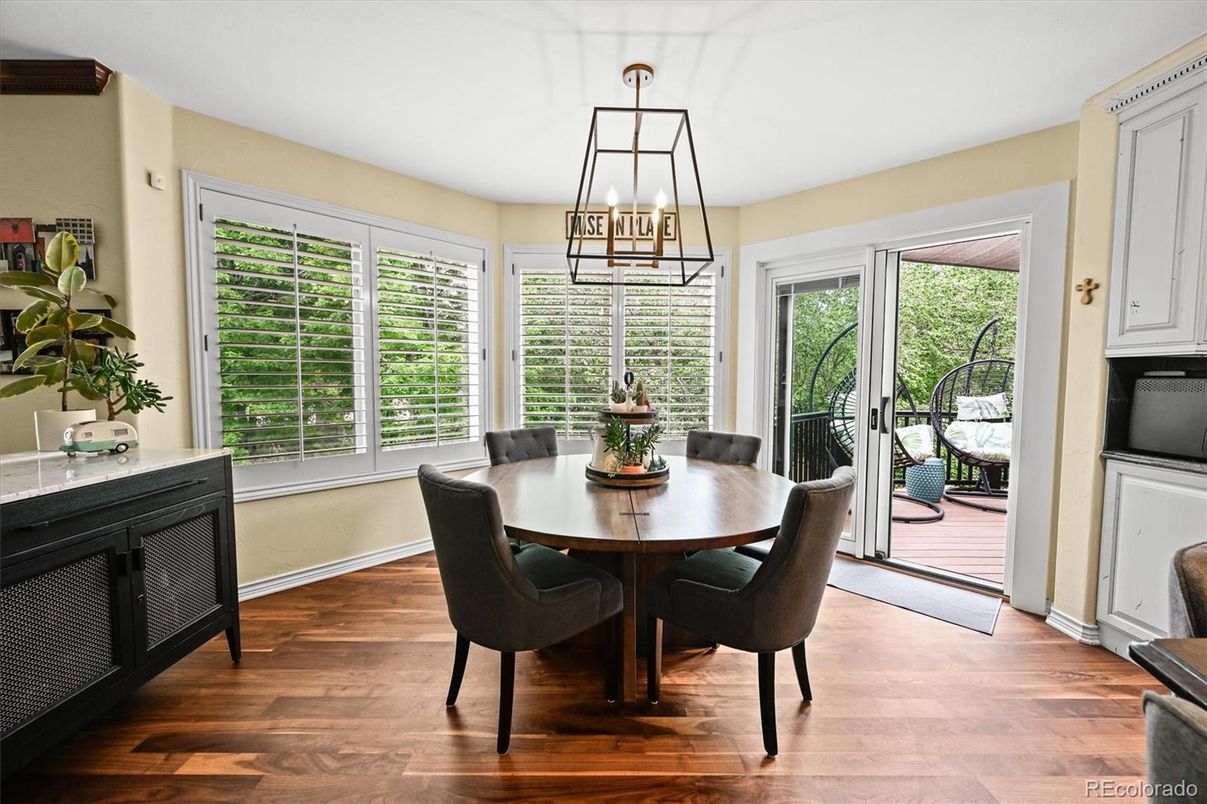 Dining room, Interior, Pendant Lights, Wood Texture Flooring