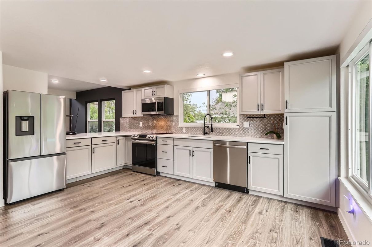 Interior, Kitchen, Recessed Lighting, Stainless Steel Appliances, Wood Texture Flooring