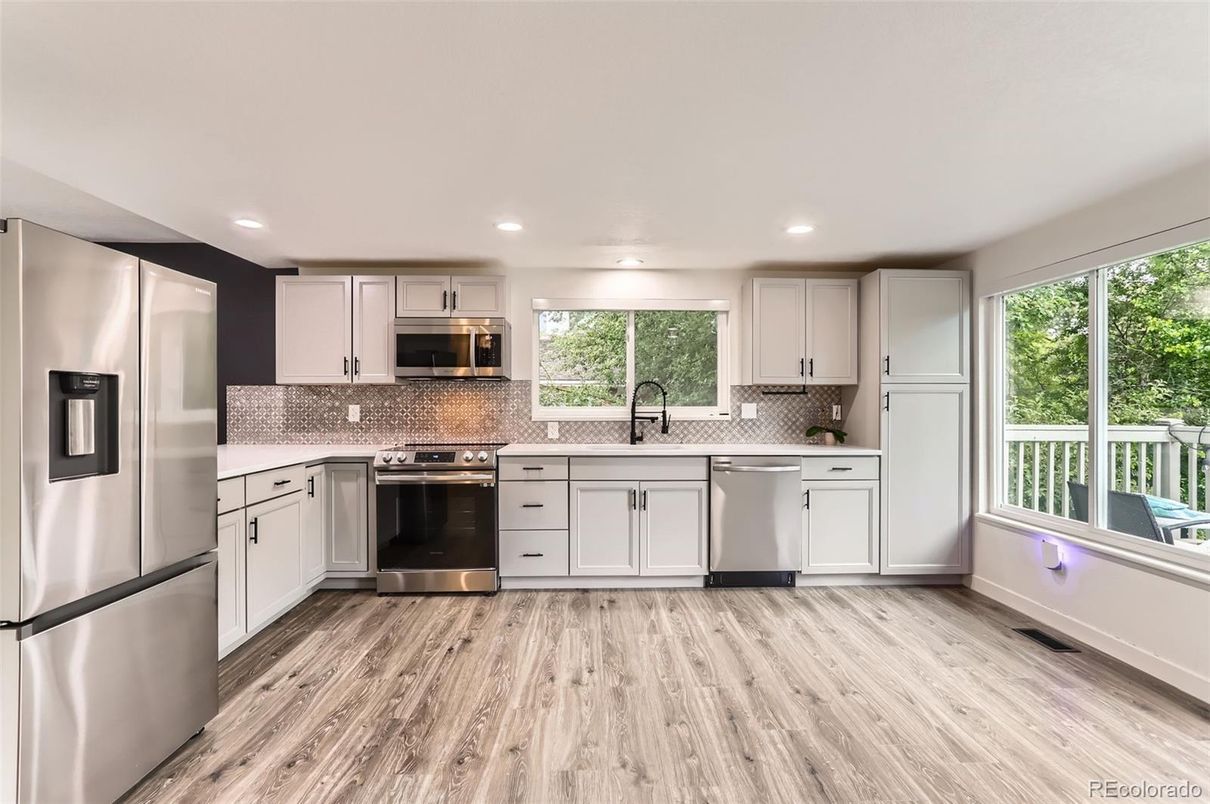 Interior, Kitchen, Recessed Lighting, Stainless Steel Appliances, Wood Texture Flooring