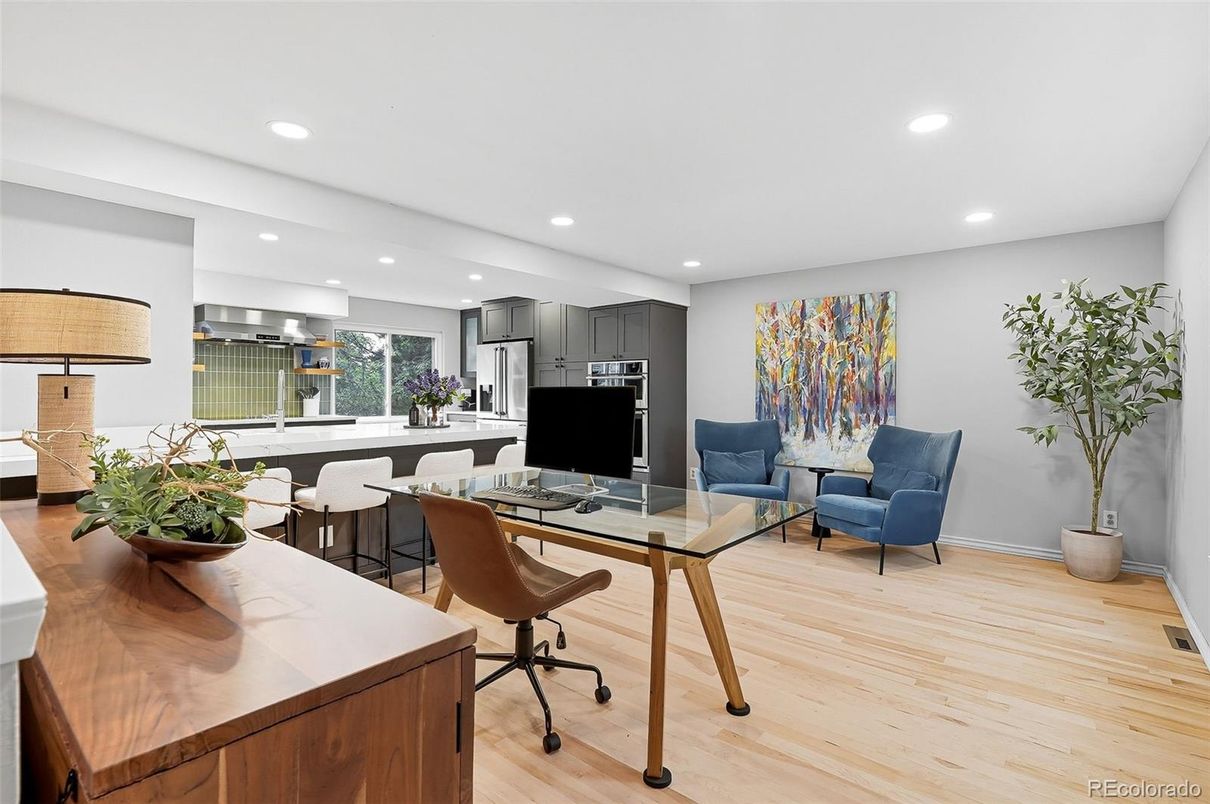 Home Office, Interior, Kitchen, Recessed Lighting, Stainless Steel Appliances, Wood Texture Flooring