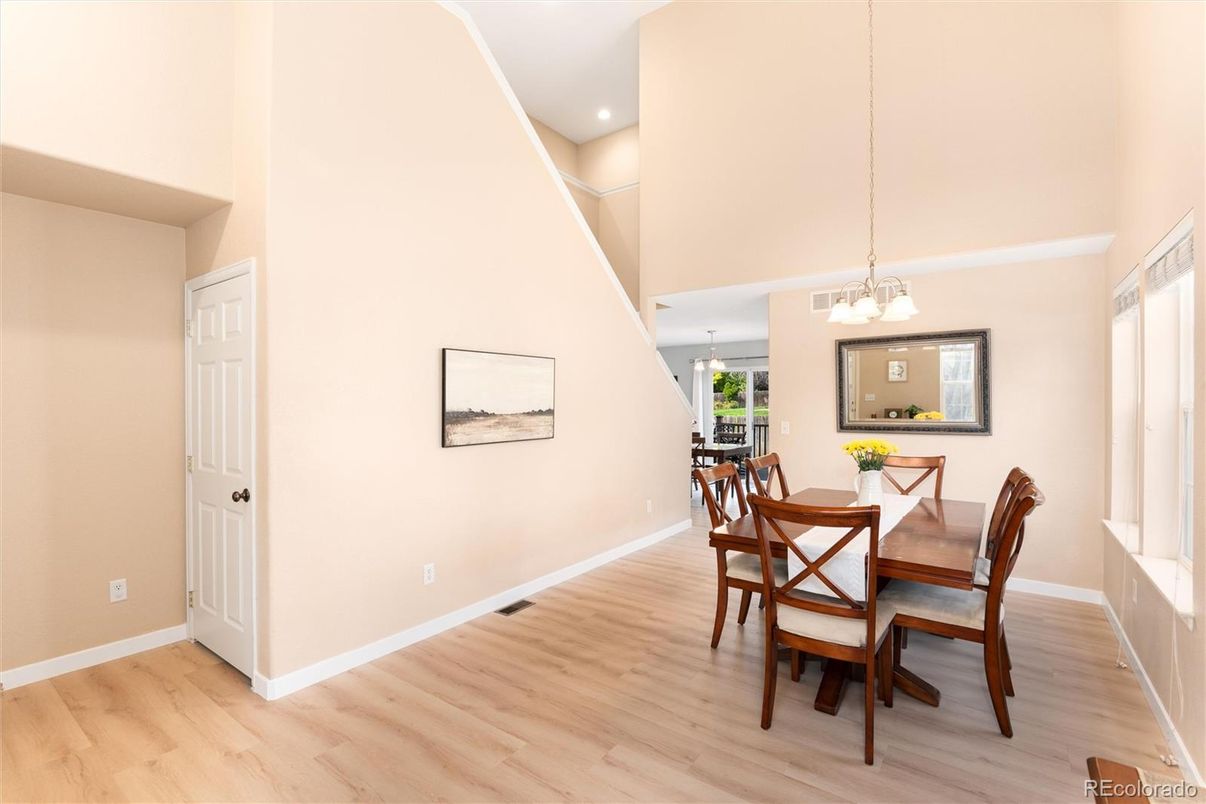 Dining room, Interior, Pendant Lights, Recessed Lighting, Wood Texture Flooring