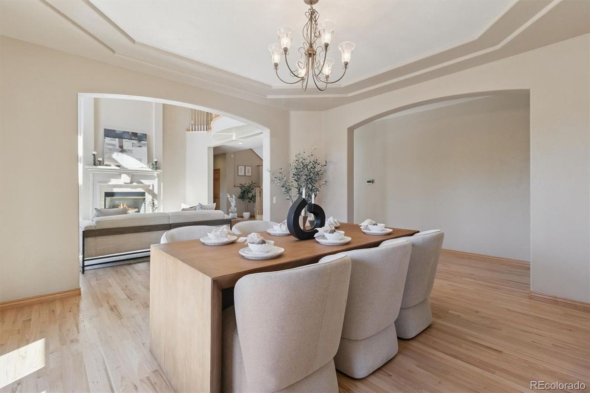 Chandelier, Dining room, Fireplace, Interior, Living room, Wood Texture Flooring