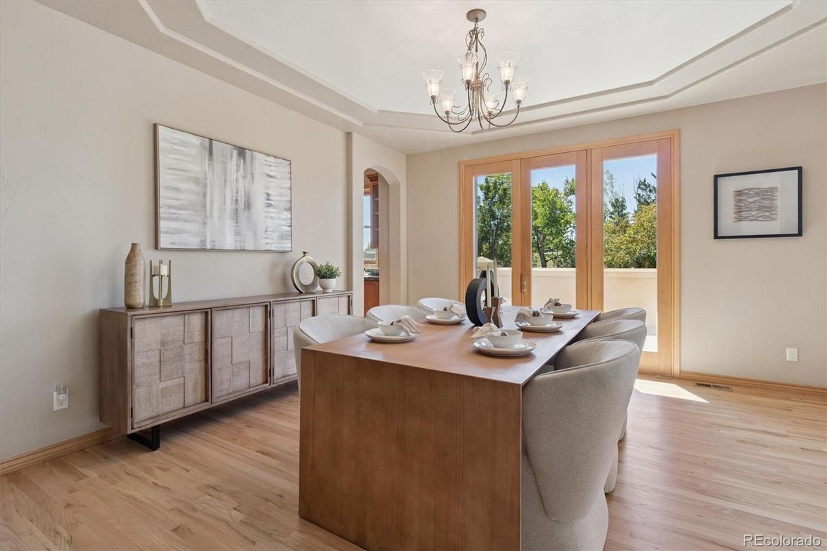 Chandelier, Dining room, Interior, Wood Texture Flooring