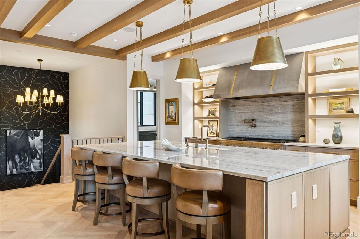 Interior, Kitchen, Pendant Lights, Recessed Lighting, Stainless Steel Appliances, Wooden Beams, Wood Texture Flooring