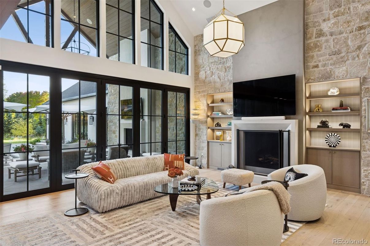 Fireplace, Interior, Living room, Pendant Lights, Stone Walls, Wood Texture Flooring
