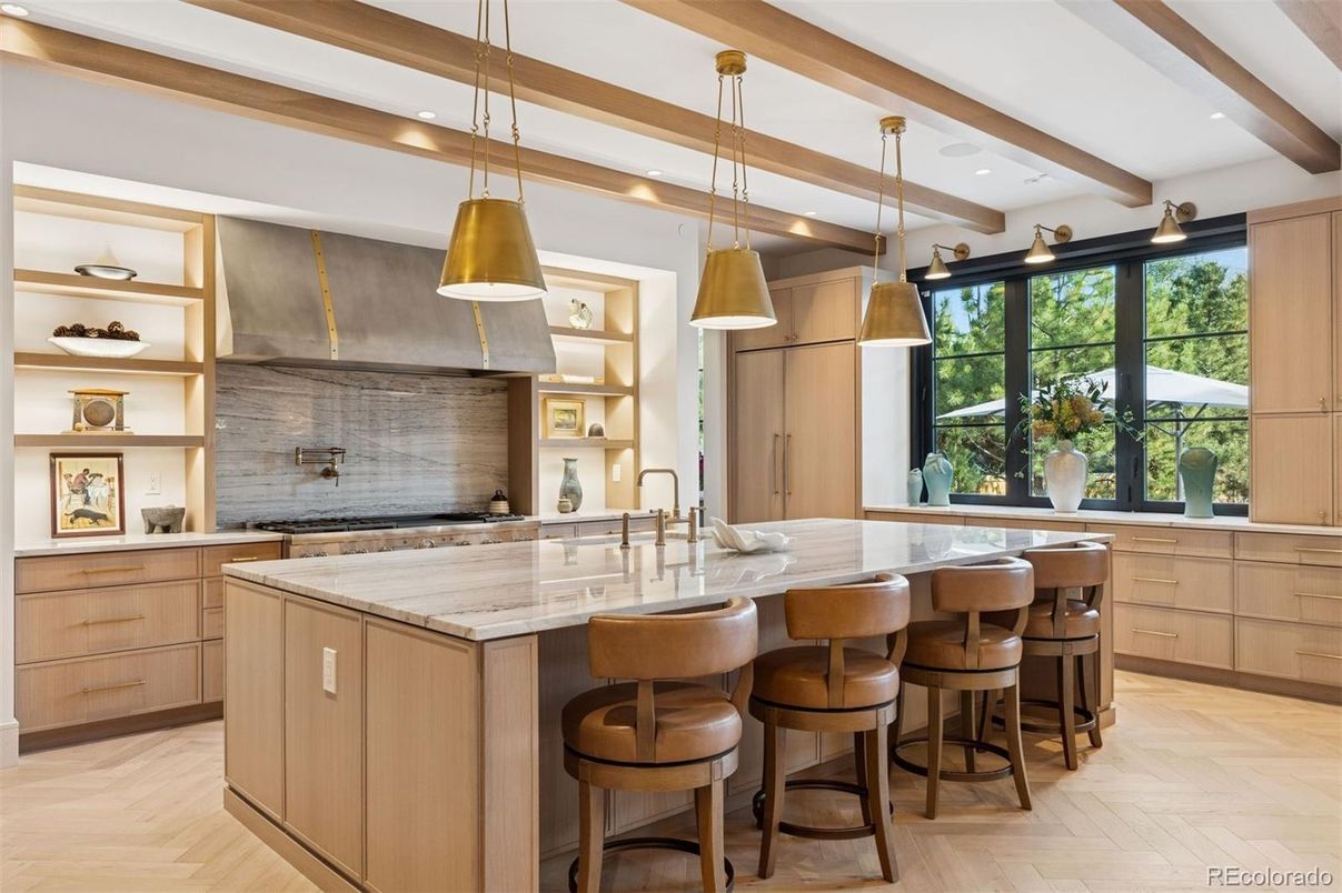 Interior, Kitchen, Pendant Lights, Recessed Lighting, Stainless Steel Appliances, Wooden Beams, Wood Texture Flooring
