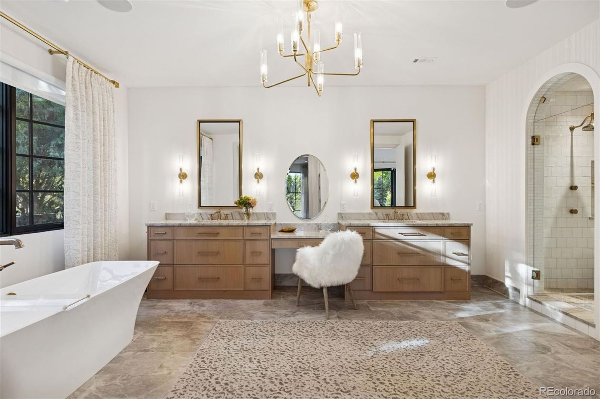 Bathroom, Chandelier, Dual Sink Vanities, Free Standing Baths, Glass Shower, Interior, Pendant Lights