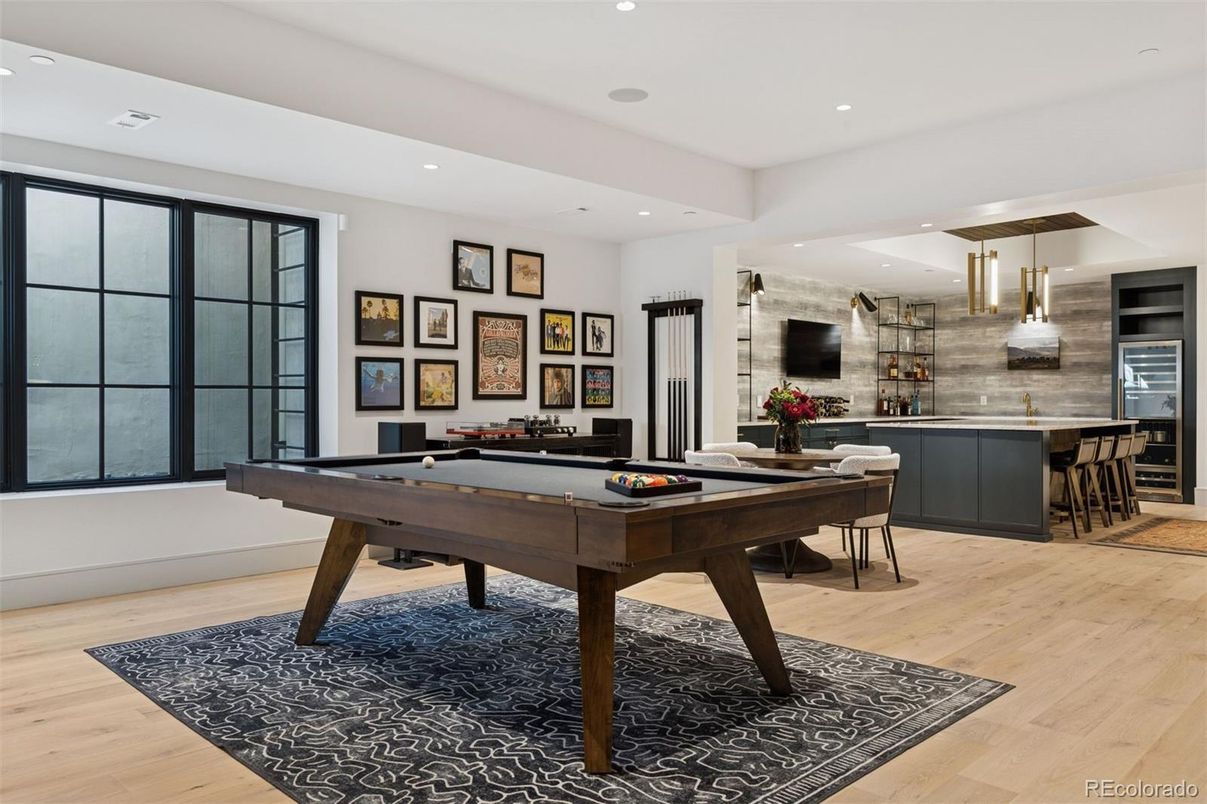 Billiard Table, Game Room, Interior, Kitchen, Pendant Lights, Recessed Lighting, Wood Texture Flooring