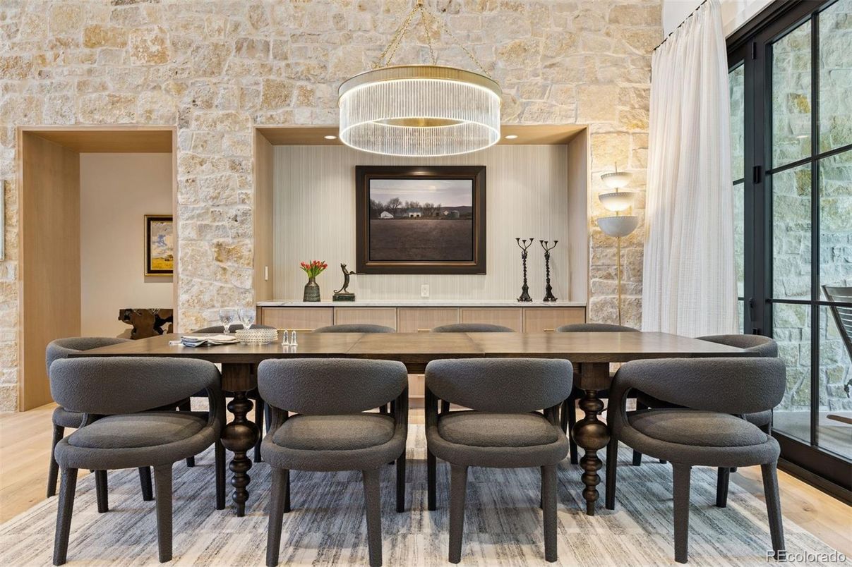 Dining room, Interior, Pendant Lights, Stone Walls, Wood Texture Flooring