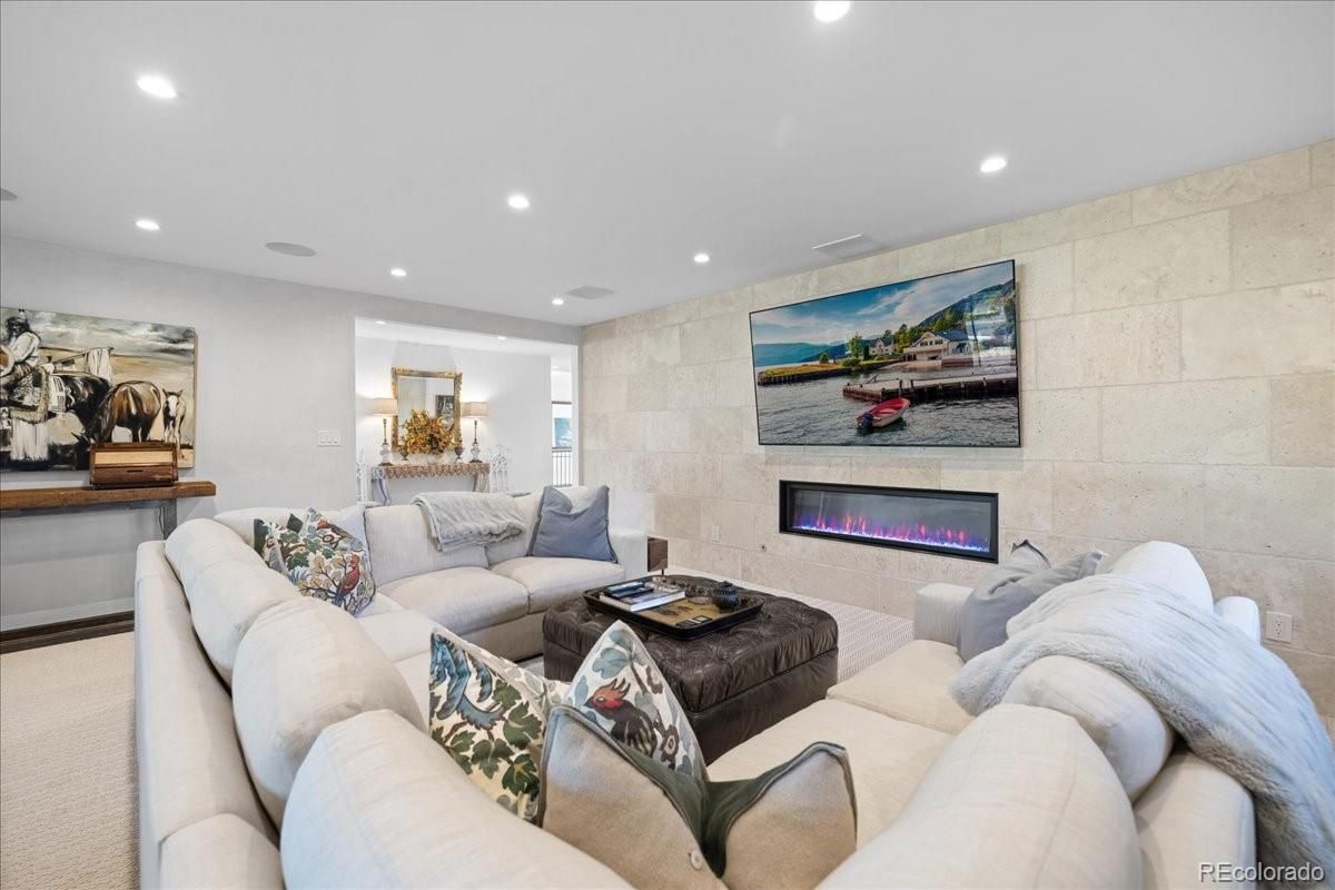 Fireplace, Interior, Living room, Recessed Lighting, Stone Walls
